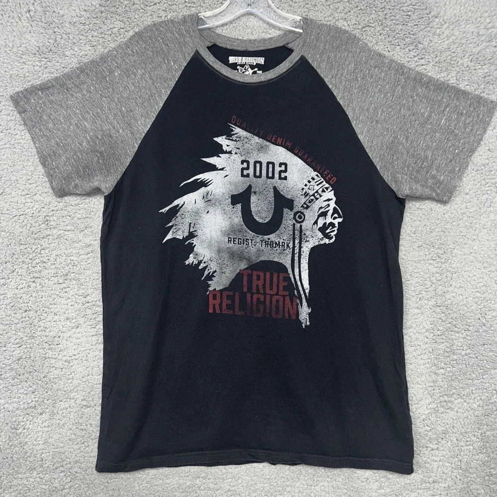 True Religion T Shirt Men's Size L‎ Black Gray Indian Head Chief Raglan Tee